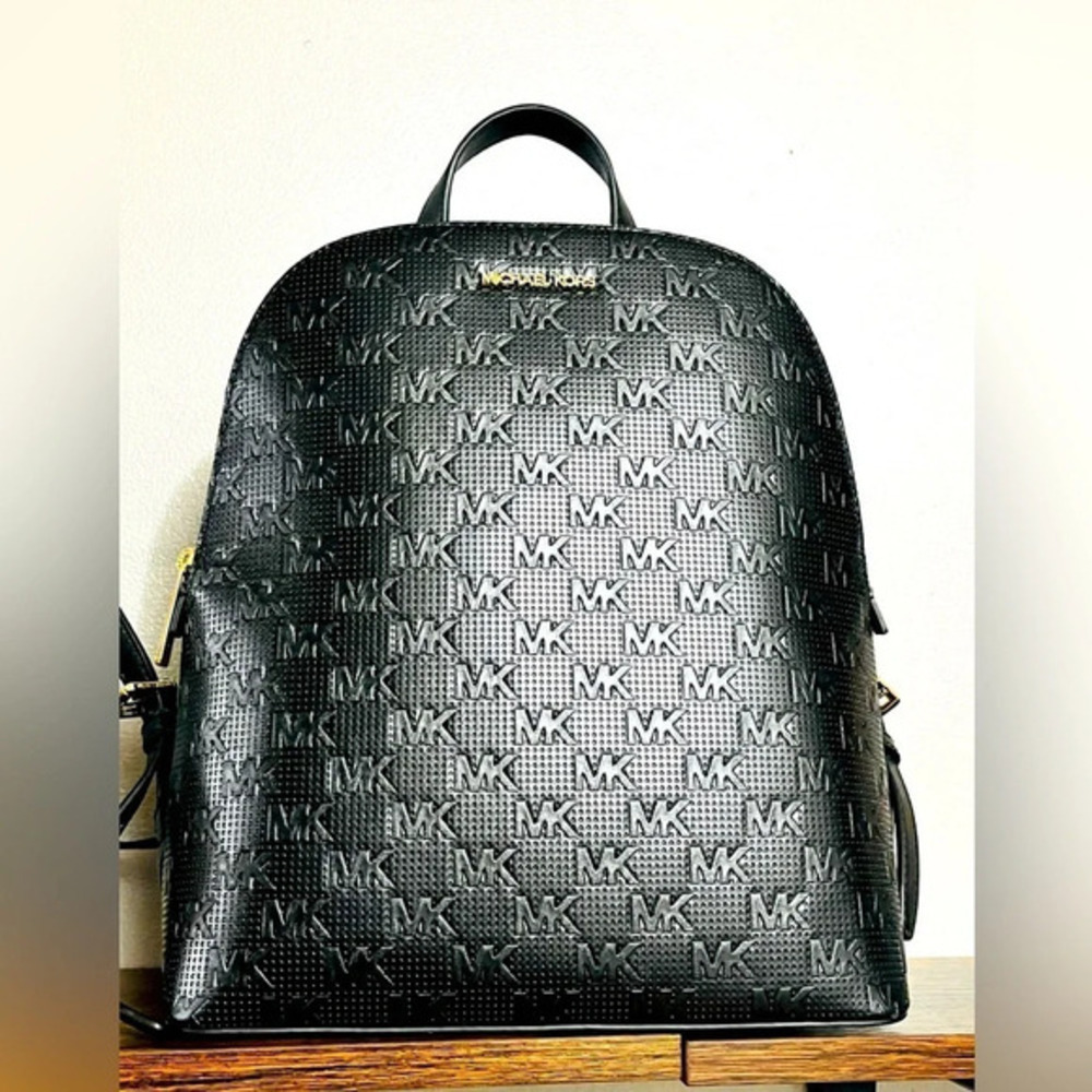 Michael Kors Cindy Large Backpack Black Embossed MK Logo Leather NWT